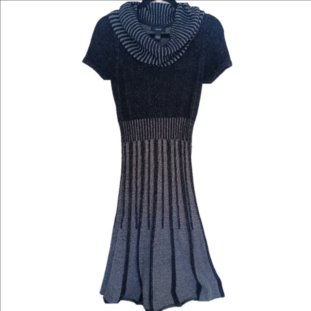 Alfani Sweater Dress‎ Size Small Black/Gray Cowl Neck Cotton Blend Stretchy Knit